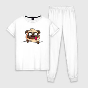 Женская пижама хлопок с принтом Мопс в Кировске, 100% хлопок | брюки и футболка прямого кроя, без карманов, на брюках мягкая резинка на поясе и по низу штанин | pug | милые создания | мопс | пес | рисунок | собака | собачка | щенок | щенок мопс