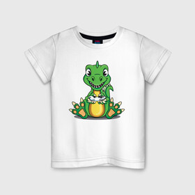 Детская футболка хлопок с принтом Динозаврик в Кировске, 100% хлопок | круглый вырез горловины, полуприлегающий силуэт, длина до линии бедер | dinosaur | джойстик | дино | динозавр | динозавр с джойстиком | динозаврик | динозавры | рисунок | тирекс