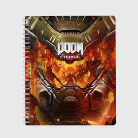 Тетрадь с принтом DOOM ETERNAL в Кировске, 100% бумага | 48 листов, плотность листов — 60 г/м2, плотность картонной обложки — 250 г/м2. Листы скреплены сбоку удобной пружинной спиралью. Уголки страниц и обложки скругленные. Цвет линий — светло-серый
 | demons | devil | doom | doom eternal | doom slayer | hell | slayer | ад | демоны | дум