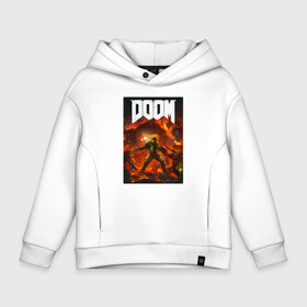 Детское худи Oversize хлопок с принтом DOOM ETERNAL в Кировске, френч-терри — 70% хлопок, 30% полиэстер. Мягкий теплый начес внутри —100% хлопок | боковые карманы, эластичные манжеты и нижняя кромка, капюшон на магнитной кнопке | demons | devil | doom | doom eternal | doom slayer | hell | slayer | ад | демоны | дум