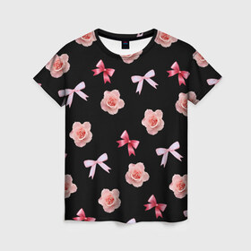 Женская футболка 3D с принтом Бантики и розочки в Кировске, 100% полиэфир ( синтетическое хлопкоподобное полотно) | прямой крой, круглый вырез горловины, длина до линии бедер | doodling | textures | tiles | атлас | бант | дудлинг | лента | роза | розовый | тайлы | текстуры | фон | цветок