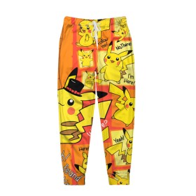 Мужские брюки 3D с принтом Pikachu в Кировске, 100% полиэстер | манжеты по низу, эластичный пояс регулируется шнурком, по бокам два кармана без застежек, внутренняя часть кармана из мелкой сетки | game | pikachu | аниме | игры | манги | покемон