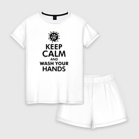 Женская пижама с шортиками хлопок с принтом Keep calm and wash your hands в Кировске, 100% хлопок | футболка прямого кроя, шорты свободные с широкой мягкой резинкой | 2019   ncov | coronavirus | covid | covid 19 | ncov | virus | арт | биологическая опасность | болезнь | вирус | знак | карантин | корона | коронавирус | короновирус | мем | мой руки | оставайся дома | пандемия | помой руки