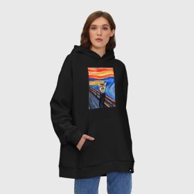 Худи SuperOversize хлопок с принтом Эдвард Мунк - Крик котика в Кировске, 70% хлопок, 30% полиэстер, мягкий начес внутри | карман-кенгуру, эластичная резинка на манжетах и по нижней кромке, двухслойный капюшон
 | живопись | животные | искусство | карикатура | картина | кот | котенок | котик | мем | мяу | оранжевый | орать | пародия | психоделический | синий | смешной | яркий