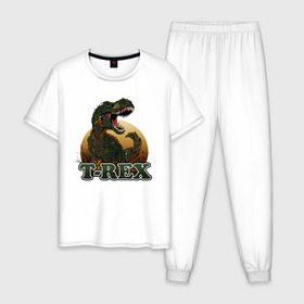 Мужская пижама хлопок с принтом T-Rex в Кировске, 100% хлопок | брюки и футболка прямого кроя, без карманов, на брюках мягкая резинка на поясе и по низу штанин
 | Тематика изображения на принте: dino | dinosaurs | t rex | trex | вымирание | дино | динозавр | зубы | ледниковый | ледниковый период | мамонт | опасность | оскал | пасть | т рекс | ти рекс | тирекс | хвост | холод | чешуя