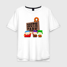 Мужская футболка хлопок Oversize с принтом South Park - персонажи с логотипом в Кировске, 100% хлопок | свободный крой, круглый ворот, “спинка” длиннее передней части | Тематика изображения на принте: park | south | south park | картман | кени | они убили кени | парк | сволочи | южный | южный парк