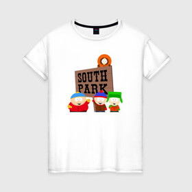 Женская футболка хлопок с принтом South Park - персонажи с логотипом в Кировске, 100% хлопок | прямой крой, круглый вырез горловины, длина до линии бедер, слегка спущенное плечо | park | south | south park | картман | кени | они убили кени | парк | сволочи | южный | южный парк
