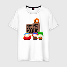 Мужская футболка хлопок с принтом South Park - персонажи с логотипом в Кировске, 100% хлопок | прямой крой, круглый вырез горловины, длина до линии бедер, слегка спущенное плечо. | Тематика изображения на принте: park | south | south park | картман | кени | они убили кени | парк | сволочи | южный | южный парк