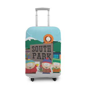 Чехол для чемодана 3D с принтом ЮЖНЫЙ ПАРК | SOUTH PARK (Z) в Кировске, 86% полиэфир, 14% спандекс | двустороннее нанесение принта, прорези для ручек и колес | kenny | south park | кенни | мультфильмы | южный парк