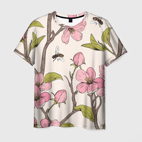 Мужская футболка 3D с принтом САКУРА | SAKURA в Кировске, 100% полиэфир | прямой крой, круглый вырез горловины, длина до линии бедер | animals | bees | chery | flowers | insects | japan | sakura | вишня | животные | насекомые | пчелы | растения | сакура | цветы | цветы сакуры | япония