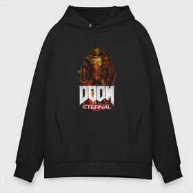 Мужское худи Oversize хлопок с принтом DOOM ETERNAL в Кировске, френч-терри — 70% хлопок, 30% полиэстер. Мягкий теплый начес внутри —100% хлопок | боковые карманы, эластичные манжеты и нижняя кромка, капюшон на магнитной кнопке | Тематика изображения на принте: demons | devil | doom | doom eternal | doom guy | doom slayer | hell | slayer | ад | демоны | дум | палач рока