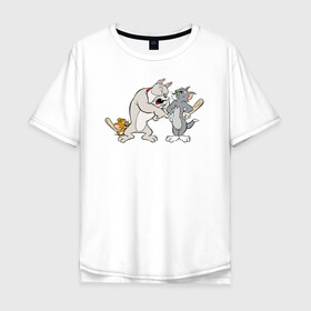 Мужская футболка хлопок Oversize с принтом Tom&Jerry в Кировске, 100% хлопок | свободный крой, круглый ворот, “спинка” длиннее передней части | spike | tom  jerry | tom and jerry | tomjerry | tuffy | vdgerir | мамочка два тапочка | том и джери | том и джерри