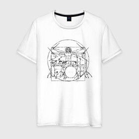 Мужская футболка хлопок с принтом Витрувианский барабанщик в Кировске, 100% хлопок | прямой крой, круглый вырез горловины, длина до линии бедер, слегка спущенное плечо. | барабанщик | витрувианский человек | да винчи | рок | ударные