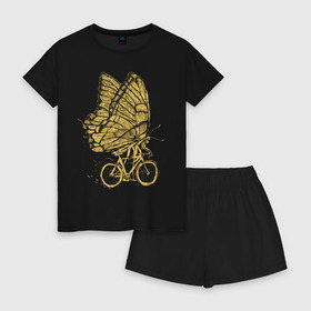 Женская пижама с шортиками хлопок с принтом Бабочка на велосипеде в Кировске, 100% хлопок | футболка прямого кроя, шорты свободные с широкой мягкой резинкой | бабочка | велосипед | велоспорт | зож