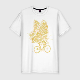 Мужская футболка хлопок Slim с принтом Бабочка на велосипеде в Кировске, 92% хлопок, 8% лайкра | приталенный силуэт, круглый вырез ворота, длина до линии бедра, короткий рукав | бабочка | велосипед | велоспорт | зож