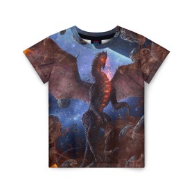 Детская футболка 3D с принтом SPACE FIRE DRAGO в Кировске, 100% гипоаллергенный полиэфир | прямой крой, круглый вырез горловины, длина до линии бедер, чуть спущенное плечо, ткань немного тянется | dragon | fire | monster | space | драго | дракон | космический | космос | монстр | огнедыщащий | огонь | прикольная картинка | чудовище | ящерица