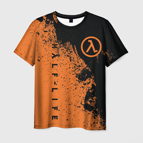 Мужская футболка 3D с принтом Half-Life в Кировске, 100% полиэфир | прямой крой, круглый вырез горловины, длина до линии бедер | half life | hl | valve | брызги | гордон фримен | игра | лямбда | оранжевый | потертости | халф лайф | халфа | хл