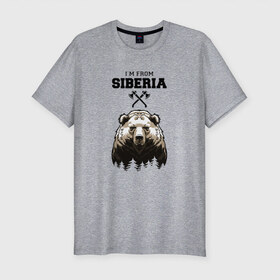 Мужская футболка премиум с принтом Сибирь в Кировске, 92% хлопок, 8% лайкра | приталенный силуэт, круглый вырез ворота, длина до линии бедра, короткий рукав | siberia | лес | медведь | русский мишка | сибирь | сибиряк | тайга | топоры
