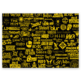 Поздравительная открытка с принтом Логотипы рок групп GOLD в Кировске, 100% бумага | плотность бумаги 280 г/м2, матовая, на обратной стороне линовка и место для марки
 | ac dc | deep purple | him | hollywood undead | iron maiden | kiss | limp bizkit | linkin park | louna | manowar | metallica | rammstein | slipknot | thirty seconds to mars | алиса | групп | логотипы | луна | рок