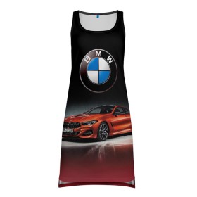 Платье-майка 3D с принтом BMW в Кировске, 100% полиэстер | полуприлегающий силуэт, широкие бретели, круглый вырез горловины, удлиненный подол сзади. | bmw | car | germany | prestige | red | автомобиль | бмв | германия | красный | престиж