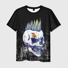 Мужская футболка 3D с принтом Череп с ирокезы в Кировске, 100% полиэфир | прямой крой, круглый вырез горловины, длина до линии бедер | pank | rock | skull | ирокез | модная | модный | музыка | панк | рок | рокер | скелет | череп
