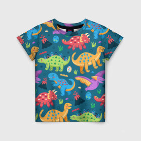 Детская футболка 3D с принтом Арт с динозаврами в Кировске, 100% гипоаллергенный полиэфир | прямой крой, круглый вырез горловины, длина до линии бедер, чуть спущенное плечо, ткань немного тянется | dinosaurs | динозавр | динозавры | животные | игрушки | мульт динозавры | мультяшки динозавры | тираннозавр
