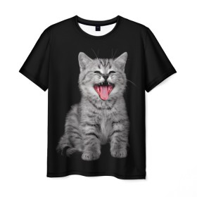 Мужская футболка 3D с принтом Кричащий кот. в Кировске, 100% полиэфир | прямой крой, круглый вырез горловины, длина до линии бедер | животные | звери | зевающий кот | кися | кот | котенок | котики | коты | кричащий кот | минимализм | питомцы | прикольные картинки
