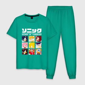 Мужская пижама хлопок с принтом Японский Sonic в Кировске, 100% хлопок | брюки и футболка прямого кроя, без карманов, на брюках мягкая резинка на поясе и по низу штанин
 | Тематика изображения на принте: 16бит | 8бит | dendy | hedgehog | japan | movie | sega | sonic | the | в японском стиле | винтаж | денди | ёжик | игра | иероглифы | йероглифы | кино | сега | соник | фильм | японский
