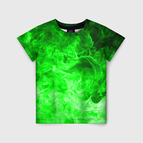 Детская футболка 3D с принтом ОГОНЬ GREEN NEON в Кировске, 100% гипоаллергенный полиэфир | прямой крой, круглый вырез горловины, длина до линии бедер, чуть спущенное плечо, ткань немного тянется | Тематика изображения на принте: битва огней | зеленый | неон | неоновый | огонь | пламя | пожар | салатовый | стихия | текстура | цветной | яркий
