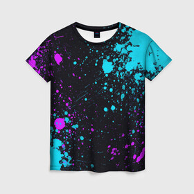Женская футболка 3D с принтом БРЫЗГИ КРАСКИ NEON в Кировске, 100% полиэфир ( синтетическое хлопкоподобное полотно) | прямой крой, круглый вырез горловины, длина до линии бедер | neon | брызги | брызги краски | кляксы | краска | неон | неоновые | пятна | цветной | яркий