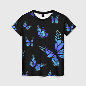 Женская футболка 3D с принтом НЕОНОВЫЕ БАБОЧКИ | BUTTERFLY NEON в Кировске, 100% полиэфир ( синтетическое хлопкоподобное полотно) | прямой крой, круглый вырез горловины, длина до линии бедер | animals | blue | butterflies | game | insects | life is strange | moth | wings | бабочки | животные | игра | крылья | мотылек | насекомые
