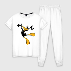 Женская пижама хлопок с принтом Даффи Дак в Кировске, 100% хлопок | брюки и футболка прямого кроя, без карманов, на брюках мягкая резинка на поясе и по низу штанин | daffy duck | looney tunes | vdzabma | даффи дак | луни тюнз
