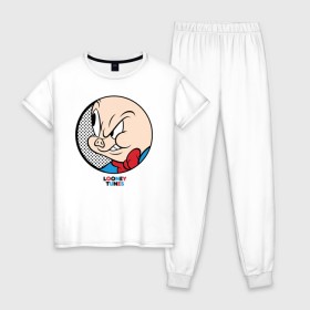 Женская пижама хлопок с принтом Porky Pig в Кировске, 100% хлопок | брюки и футболка прямого кроя, без карманов, на брюках мягкая резинка на поясе и по низу штанин | looney tunes | porky pig | vdzabma | луни тюнз | порки пиг | поросенок порки