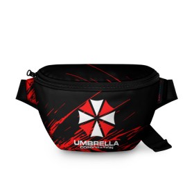 Поясная сумка 3D с принтом Umbrella Corporation. в Кировске, 100% полиэстер | плотная ткань, ремень с регулируемой длиной, внутри несколько карманов для мелочей, основное отделение и карман с обратной стороны сумки застегиваются на молнию | resident evil | umbrella corporation | амбрелла | амбрелла корпорейшн | вирус | вымышленная военная и фармацевтическая корпорация | игра | умбрелла