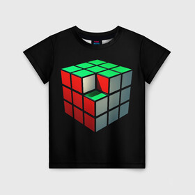 Детская футболка 3D с принтом Кубик Рубика в Кировске, 100% гипоаллергенный полиэфир | прямой крой, круглый вырез горловины, длина до линии бедер, чуть спущенное плечо, ткань немного тянется | 3d | головоломка | игры | кубик | мозг | недостающий | рубика | элемент