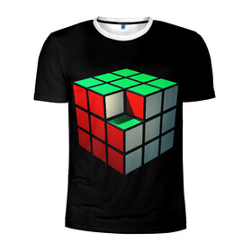 Мужская футболка 3D спортивная с принтом Кубик Рубика в Кировске, 100% полиэстер с улучшенными характеристиками | приталенный силуэт, круглая горловина, широкие плечи, сужается к линии бедра | 3d | головоломка | игры | кубик | мозг | недостающий | рубика | элемент