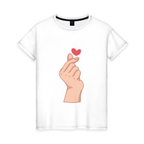 Женская футболка хлопок с принтом Корейское сердечко в Кировске, 100% хлопок | прямой крой, круглый вырез горловины, длина до линии бедер, слегка спущенное плечо | жест | жесты | корейское сердечко | корейцы | люблю | люблю тебя | любовь | популярное | сердечко | сердце | симпатия | я люблю