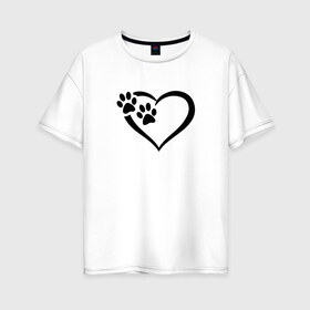 Женская футболка хлопок Oversize с принтом СЕРДЕЧКО в Кировске, 100% хлопок | свободный крой, круглый ворот, спущенный рукав, длина до линии бедер
 | animals | cat | dog | footprints | heart | love | paws | prints | romance | valentines day | wolf | амур | валентинка | влюбленные | волк | день святого валентина | животные | кот | лапы | любовь | отпечатки | романтика | сердечко | сердце