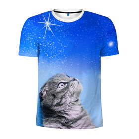 Мужская футболка 3D спортивная с принтом Кот и космос в Кировске, 100% полиэстер с улучшенными характеристиками | приталенный силуэт, круглая горловина, широкие плечи, сужается к линии бедра | Тематика изображения на принте: cat | cat and space | kitty | в космосе | звездное небо | звёзды | космический кот | кот | кот в космосе | кот и звезды | кот смотрит | кот смотрит на небо | котенок | котик | кошка