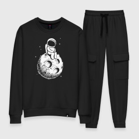 Женский костюм хлопок с принтом Космонавт на луне в Кировске, 100% хлопок | на свитшоте круглая горловина, мягкая резинка по низу. Брюки заужены к низу, на них два вида карманов: два 