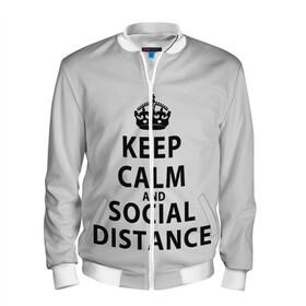 Мужской бомбер 3D с принтом Keep Calm And Social Distance в Кировске, 100% полиэстер | застегивается на молнию, по бокам два кармана без застежек, по низу бомбера и на воротнике - эластичная резинка | Тематика изображения на принте: 2019 | biohazard | calm | china | coronavirus | covid 19 | inc | keep | ncov | ncov19 | ncov2019 | plague | survivor | virus | warning | вирус | дистанцию | коронавирус | соблюдай