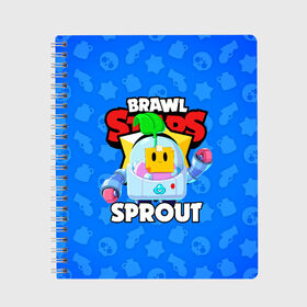 Тетрадь с принтом BRAWL STARS SPROUT в Кировске, 100% бумага | 48 листов, плотность листов — 60 г/м2, плотность картонной обложки — 250 г/м2. Листы скреплены сбоку удобной пружинной спиралью. Уголки страниц и обложки скругленные. Цвет линий — светло-серый
 | 8 bit | 8 бит | bibi | brawl stars | crow | el brown | leon | leon shark | max | mr.p | phoenix | sally leon | shark | sprout | stars | virus | werewolf | акула | биби | вирус | ворон | леон | оборотень | пингвин