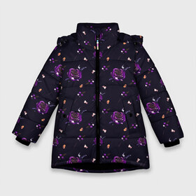 Зимняя куртка для девочек 3D с принтом фиолетовые розы на темном фоне в Кировске, ткань верха — 100% полиэстер; подклад — 100% полиэстер, утеплитель — 100% полиэстер. | длина ниже бедра, удлиненная спинка, воротник стойка и отстегивающийся капюшон. Есть боковые карманы с листочкой на кнопках, утяжки по низу изделия и внутренний карман на молнии. 

Предусмотрены светоотражающий принт на спинке, радужный светоотражающий элемент на пуллере молнии и на резинке для утяжки. | ботаника | ежевичный | лиловый | патерн | пурпурный | розы | сиреневый | стильный | темный | тренды | узор | фиолетовый | цветочки | цветы | чернильный | черничный