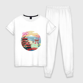 Женская пижама хлопок с принтом Япония в Кировске, 100% хлопок | брюки и футболка прямого кроя, без карманов, на брюках мягкая резинка на поясе и по низу штанин | texture | vector | арт | для него | для нее | картина | подарок | прикольные | текстура
