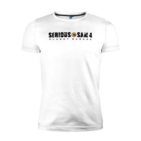Мужская футболка премиум с принтом Serious Sam 4 в Кировске, 92% хлопок, 8% лайкра | приталенный силуэт, круглый вырез ворота, длина до линии бедра, короткий рукав | croteam | devolver | digital | games | planet | sam | serious | игры | крутой | планета | сэм