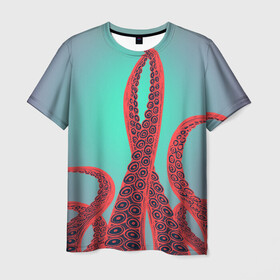 Мужская футболка 3D с принтом красные щупальца осминога в Кировске, 100% полиэфир | прямой крой, круглый вырез горловины, длина до линии бедер | враг | градиент | захвачен | злобный | зловещий | красные | монстр | морской | опасный | осьминог | подводный | рисованный | синий | тентакли | фиолетовый | щупальца