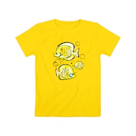 Детская футболка хлопок с принтом Рыбы-бабочки в Кировске, 100% хлопок | круглый вырез горловины, полуприлегающий силуэт, длина до линии бедер | аквариумные | бабочки | дизайн | желтый | модная | морская | обитатели | оригинальный | подводное | принт | рыба | рыбы | скетч | стильная | яркая
