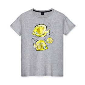Женская футболка хлопок с принтом Рыбы-бабочки в Кировске, 100% хлопок | прямой крой, круглый вырез горловины, длина до линии бедер, слегка спущенное плечо | аквариумные | бабочки | дизайн | желтый | модная | морская | обитатели | оригинальный | подводное | принт | рыба | рыбы | скетч | стильная | яркая