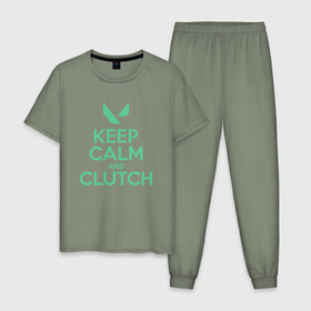 Мужская пижама хлопок с принтом KEEP CALM CLUTCH в Кировске, 100% хлопок | брюки и футболка прямого кроя, без карманов, на брюках мягкая резинка на поясе и по низу штанин
 | breach | cs go | cypher | jett | league of legends | legends of runeterra | lol | omen | overwatch | phoenix | riot | riot games | sage | sona | sova | valorant | viper | валорант | кс го | лига легенд | лол