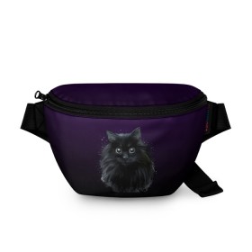 Поясная сумка 3D с принтом черный кот на фиолетовом фоне в Кировске, 100% полиэстер | плотная ткань, ремень с регулируемой длиной, внутри несколько карманов для мелочей, основное отделение и карман с обратной стороны сумки застегиваются на молнию | акварель | глаза | клево | котейка | котенок | котик | котэ | кошак | кошка | красиво | любителю кошек | модно | мяу | подарок | пушистый | рисунок | стильно | темный | черный кот | шерсть